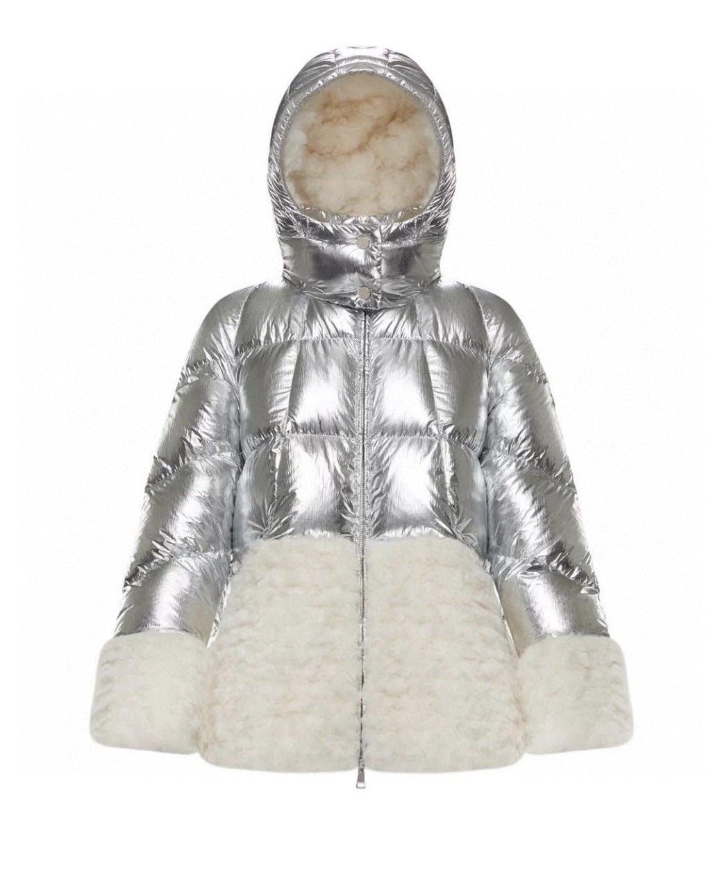 Moncler Silver Plush Panel Puffer Coat — hero