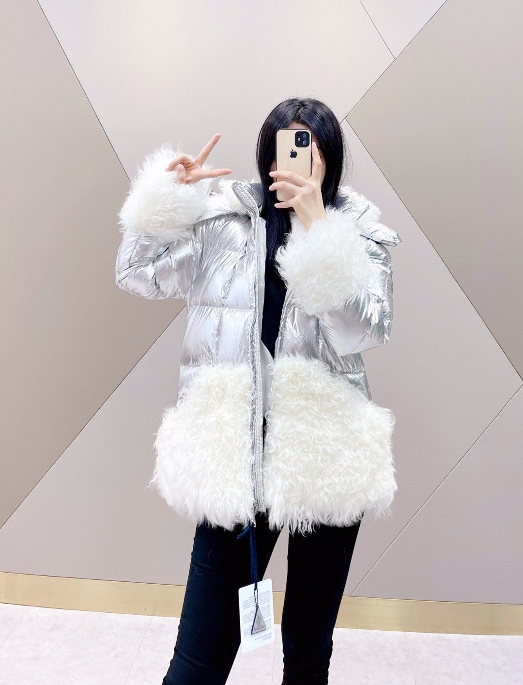 Moncler Silver Plush Panel Puffer Coat — context