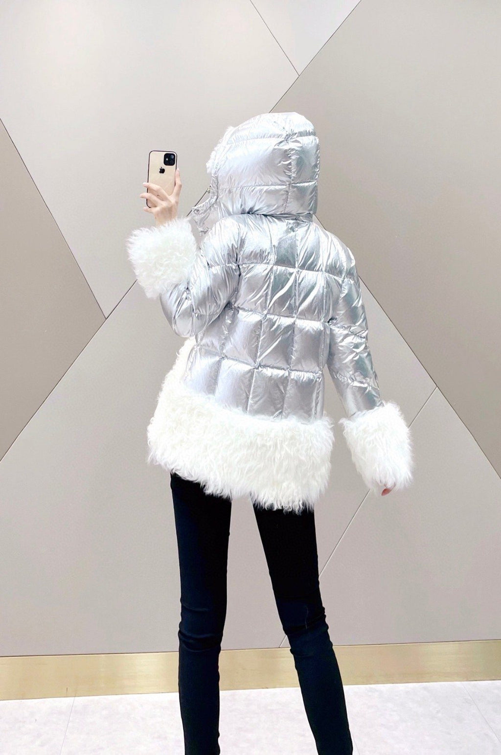 Moncler Silver Plush Panel Puffer Coat — context