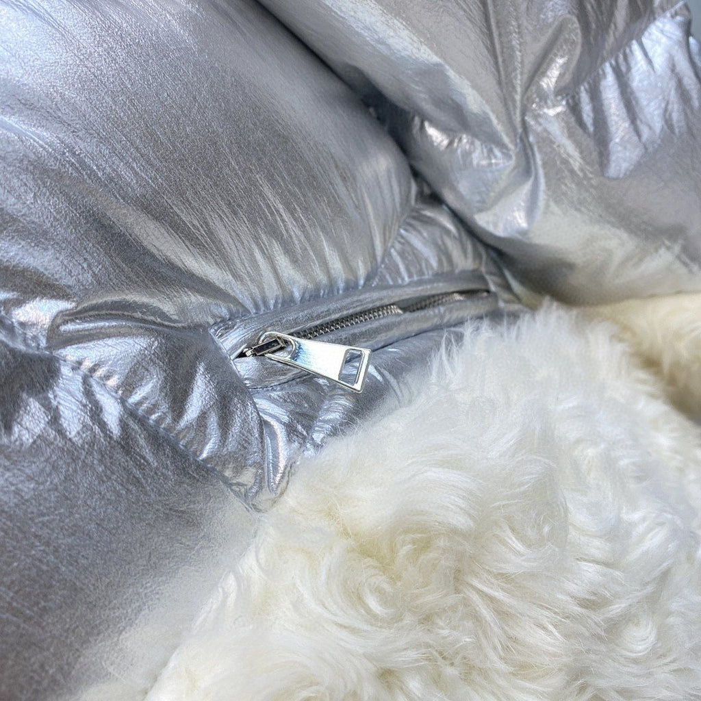 Moncler Silver Plush Panel Puffer Coat — detail