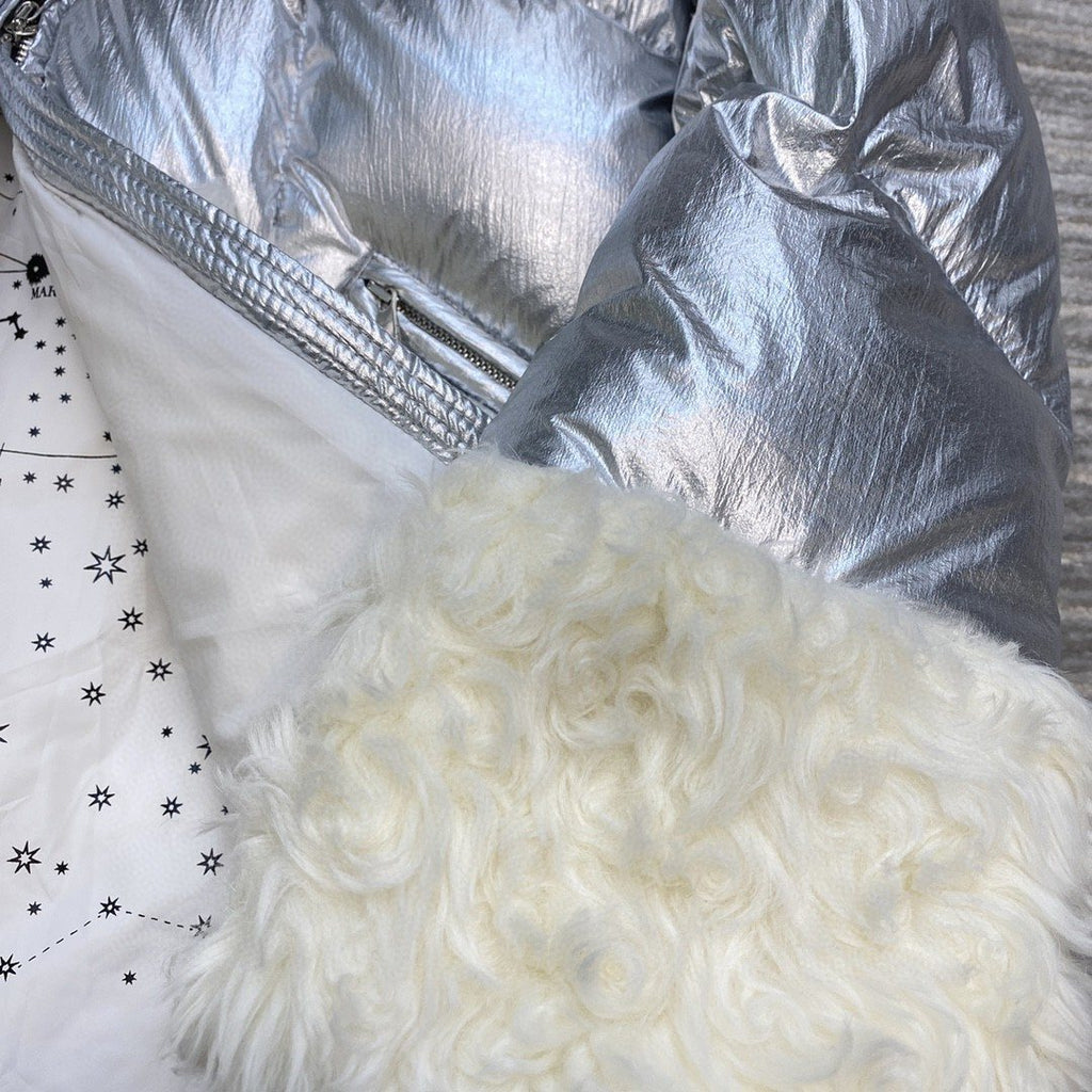 Moncler Silver Plush Panel Puffer Coat — detail