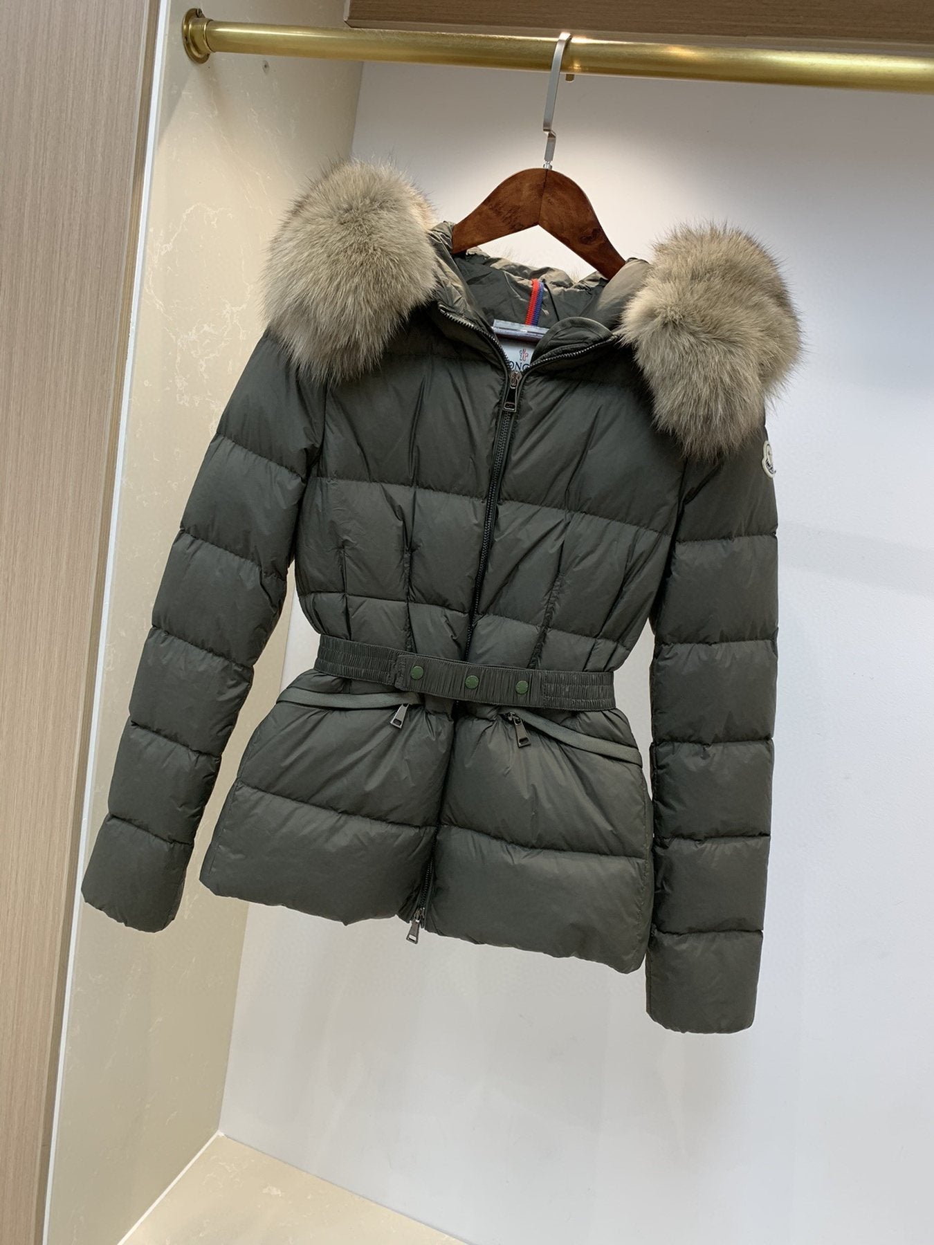 Moncler Fur-Trim Belted Puffer Coat — front