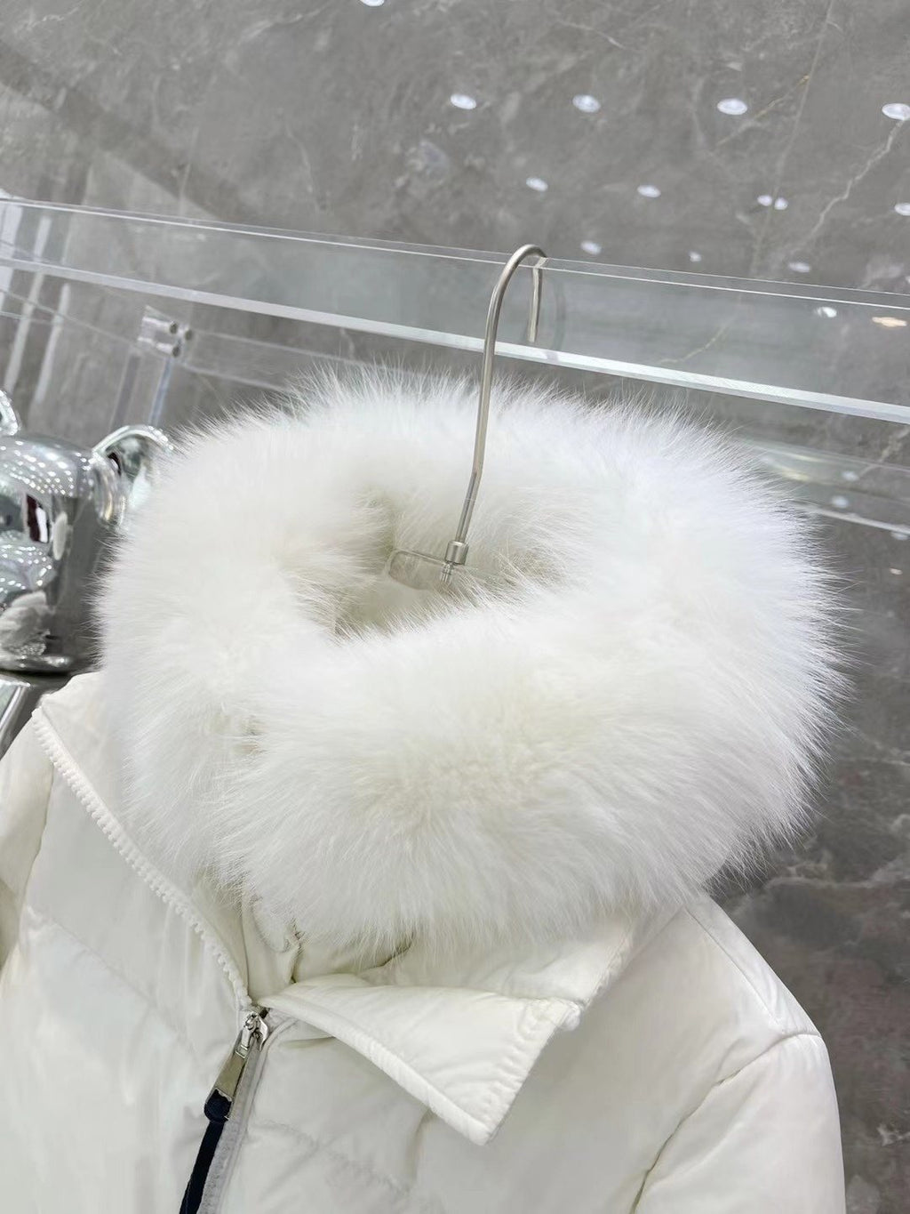 Moncler White Fur-Trim Hood Long Down Coat — detail
