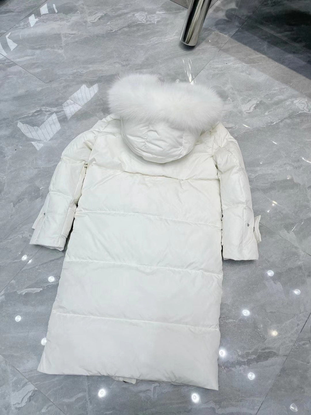 Moncler White Fur-Trim Hood Long Down Coat — back