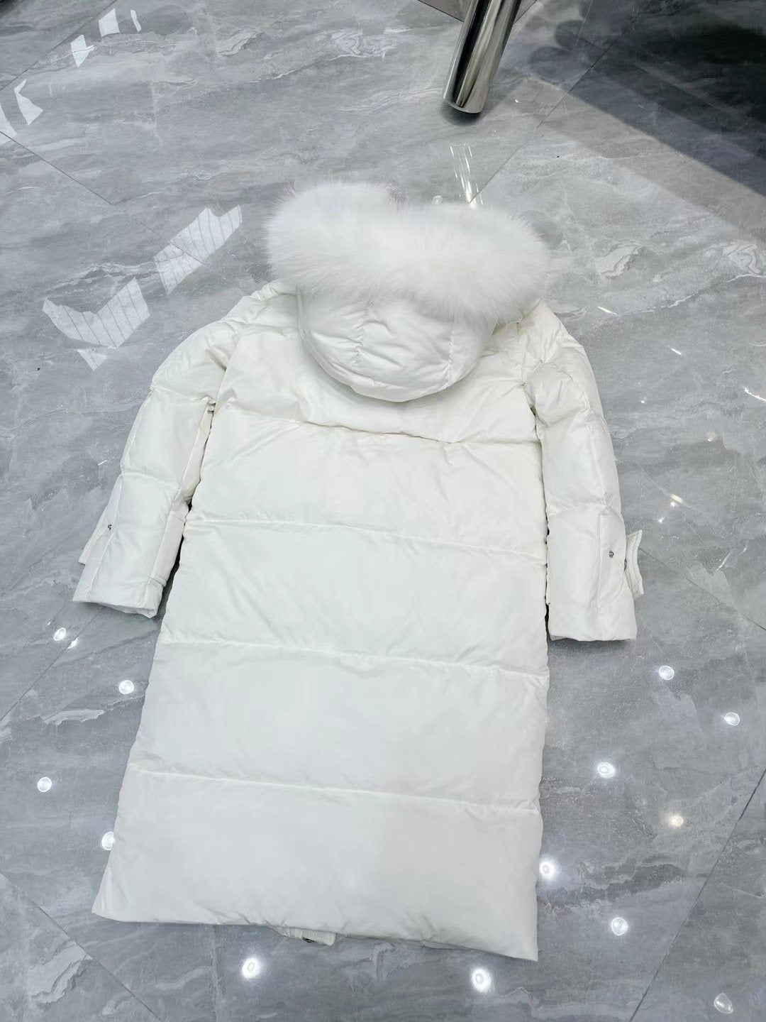 Moncler White Fur-Trim Hood Long Down Coat — back