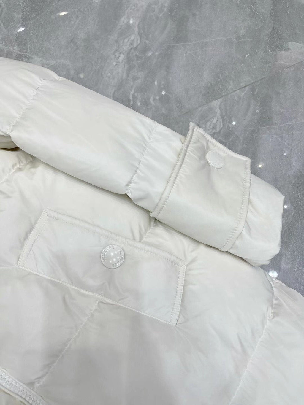 Moncler White Fur-Trim Hood Long Down Coat — detail
