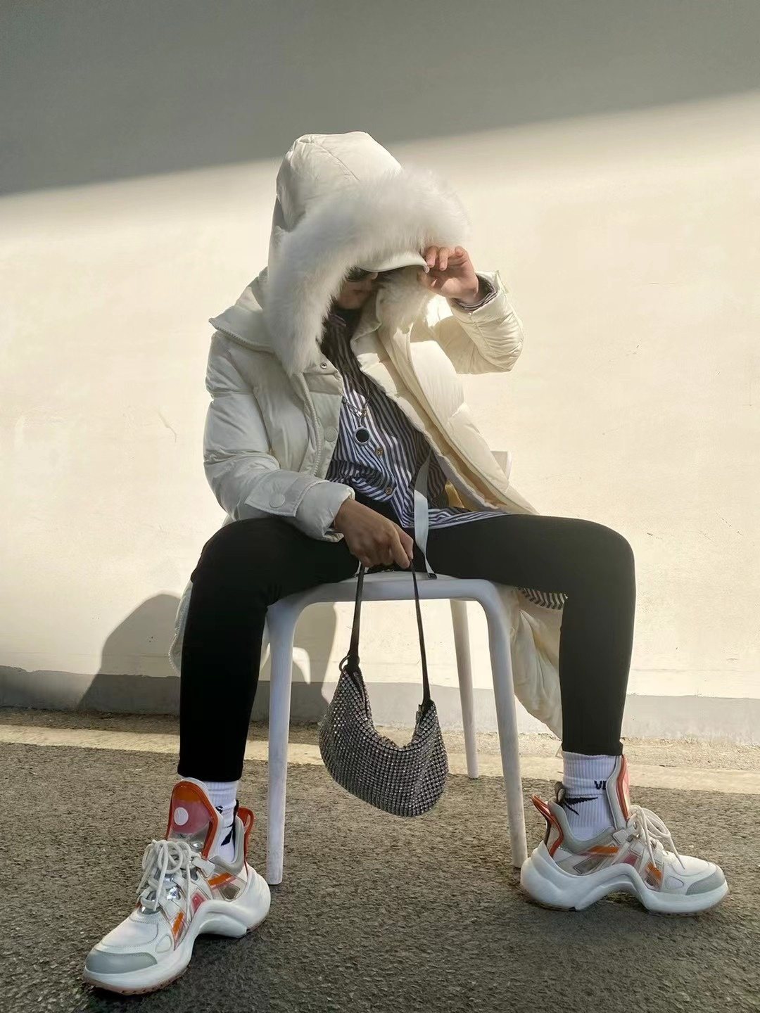 Moncler White Fur-Trim Hood Long Down Coat — context