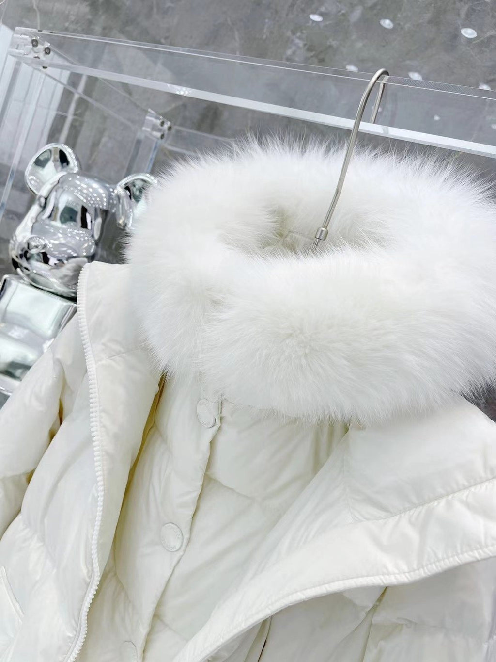 Moncler White Fur-Trim Hood Long Down Coat — detail