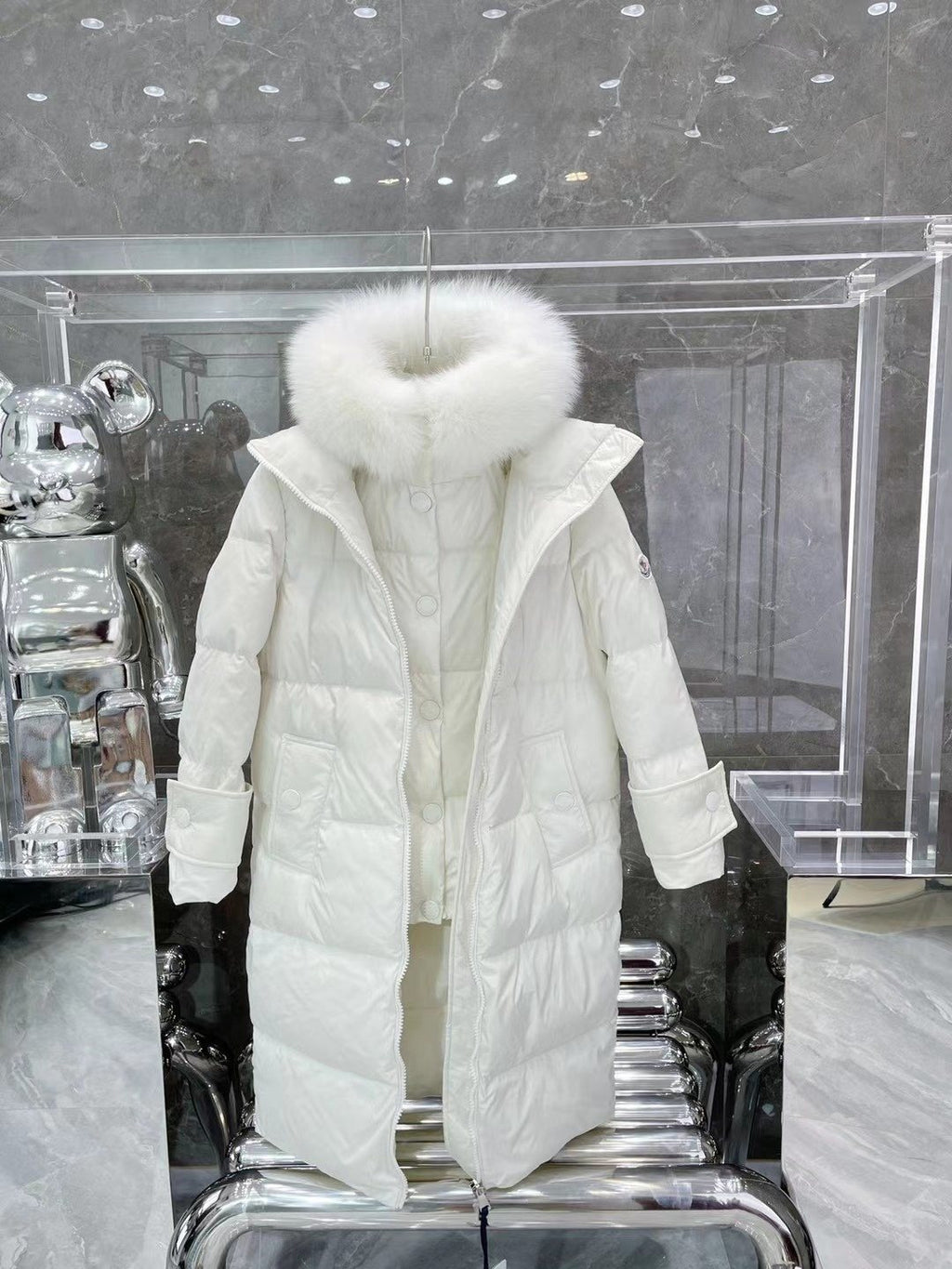 Moncler White Fur-Trim Hood Long Down Coat — hero