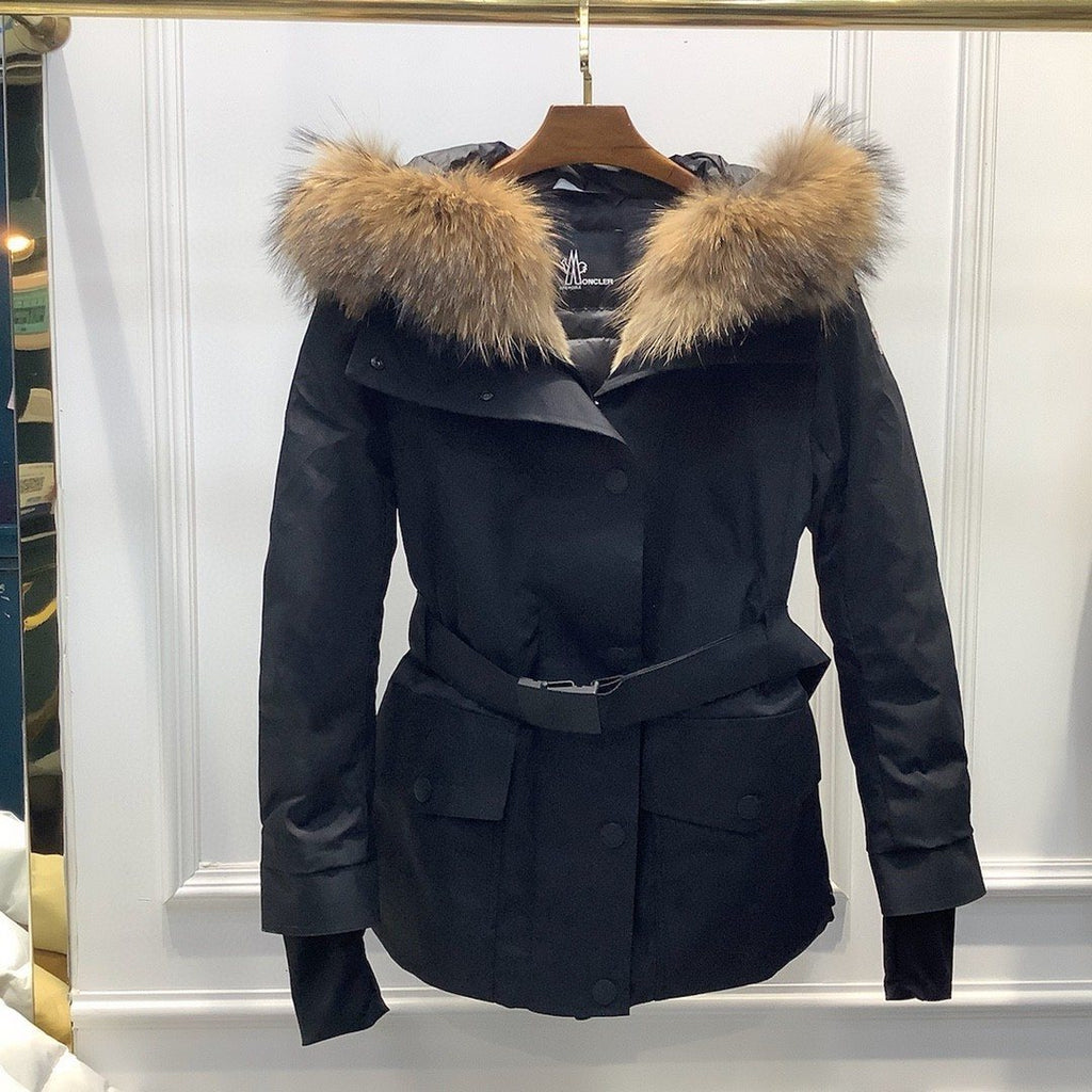 Moncler Belted Fur-Trim Hooded Coat — front