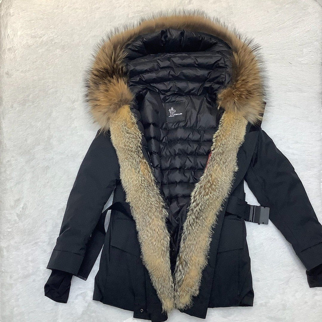 Moncler Belted Fur-Trim Hooded Coat — detail