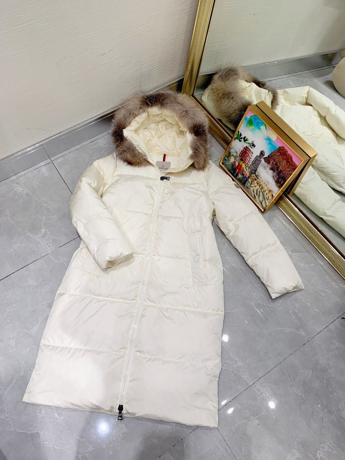 Moncler Hooded Fur-Trim Long Down Coat — detail