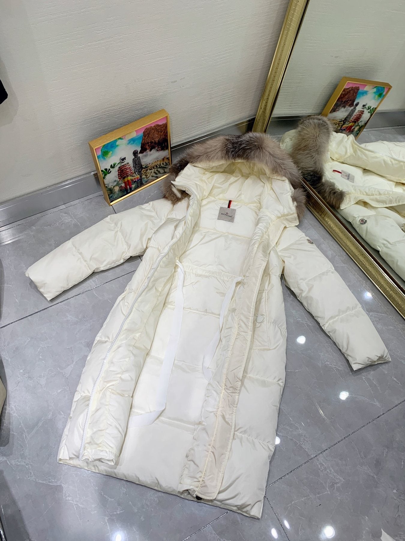 Moncler Hooded Fur-Trim Long Down Coat — detail
