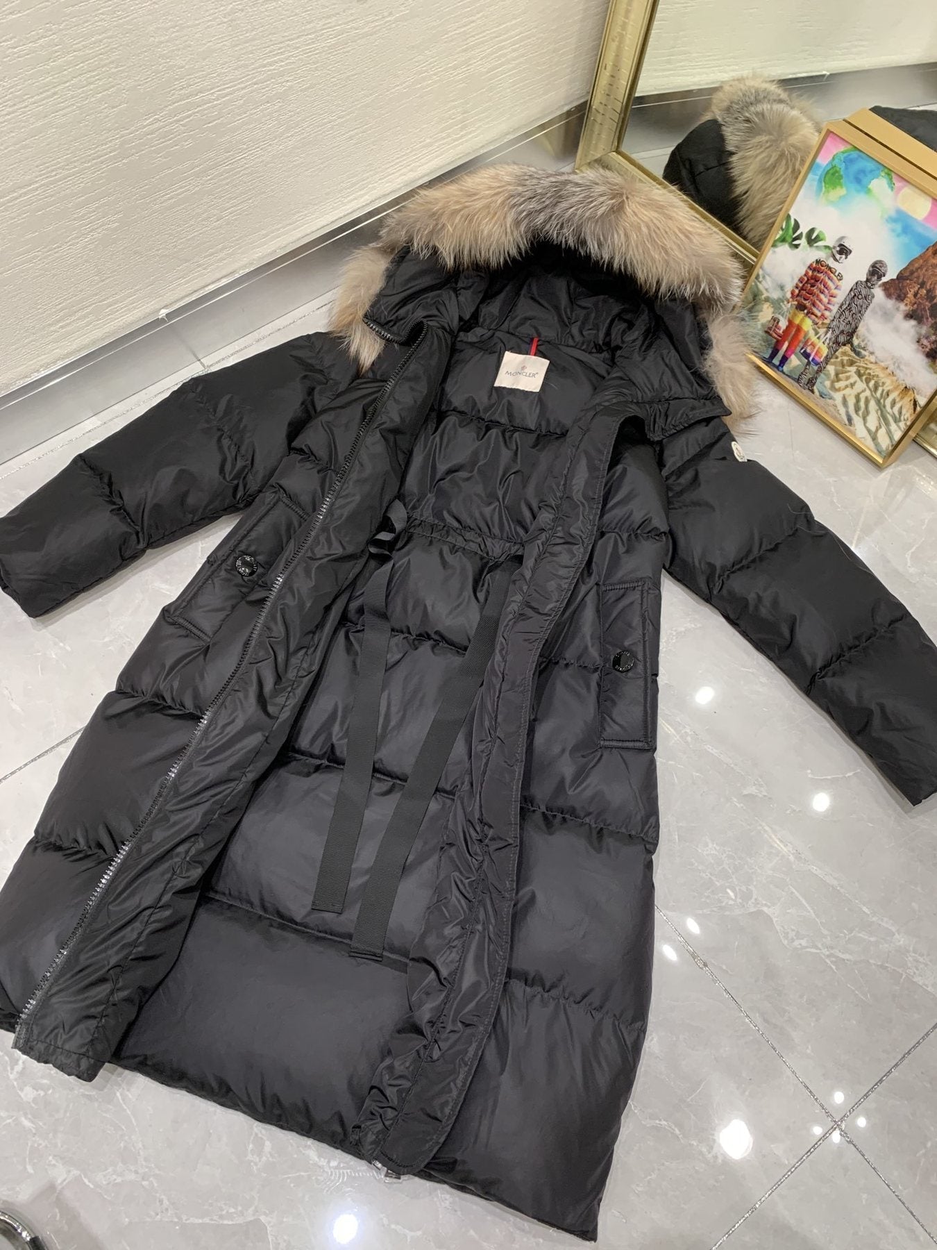 Moncler Hooded Fur-Trim Long Down Coat — detail
