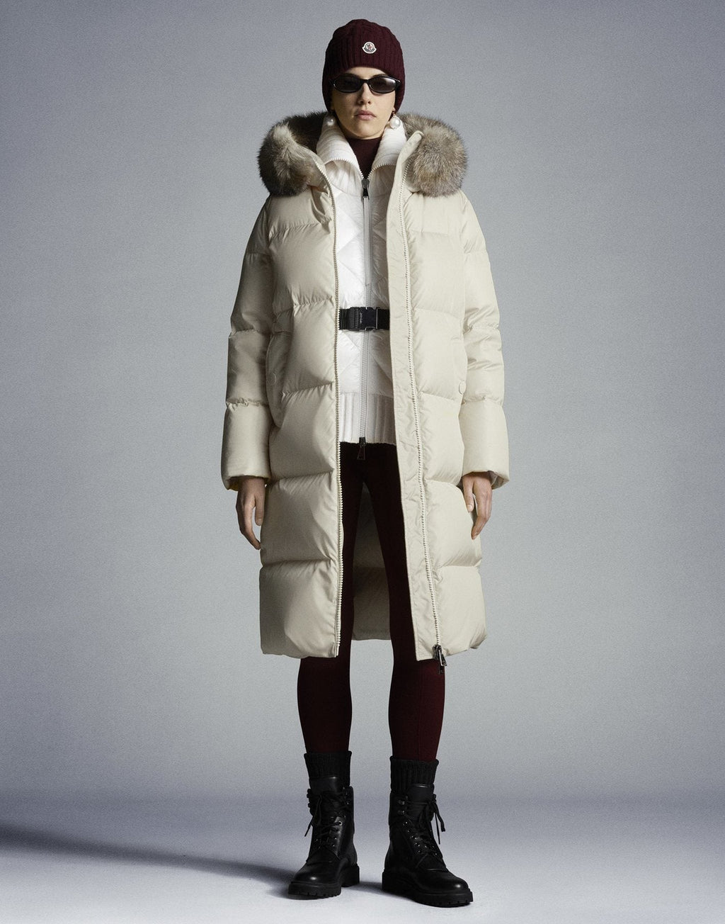 Moncler Hooded Fur-Trim Long Down Coat — context