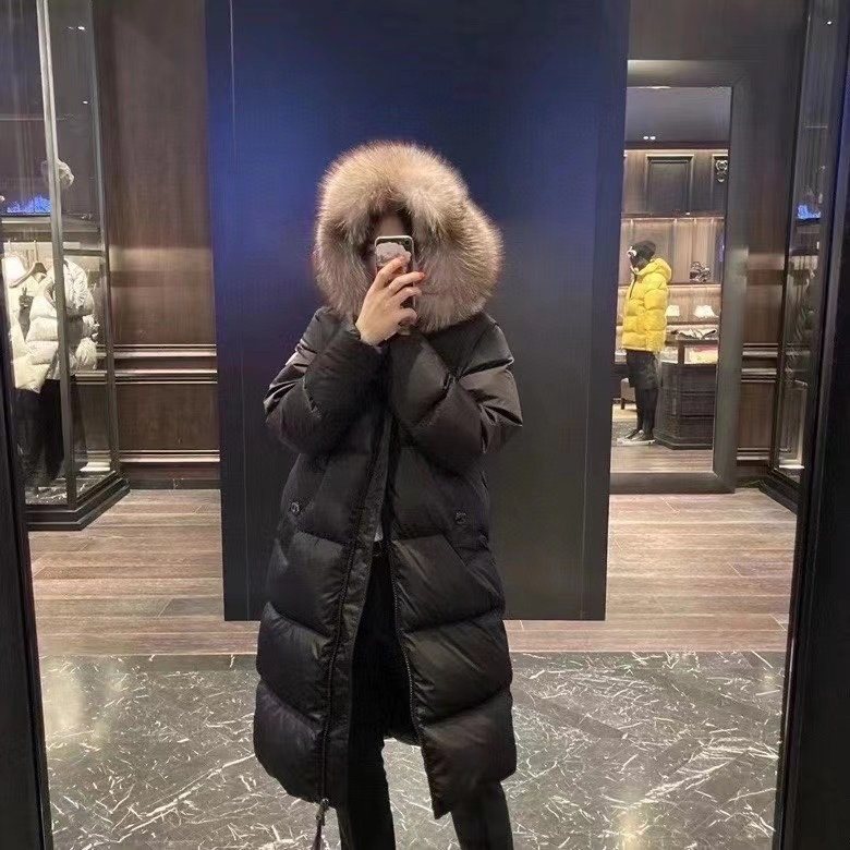 Moncler Hooded Fur-Trim Long Down Coat — context