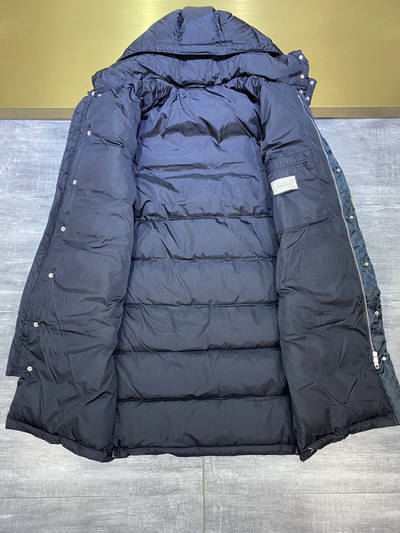 GUCCI Tonal Monogram Long Down Jacket — detail
