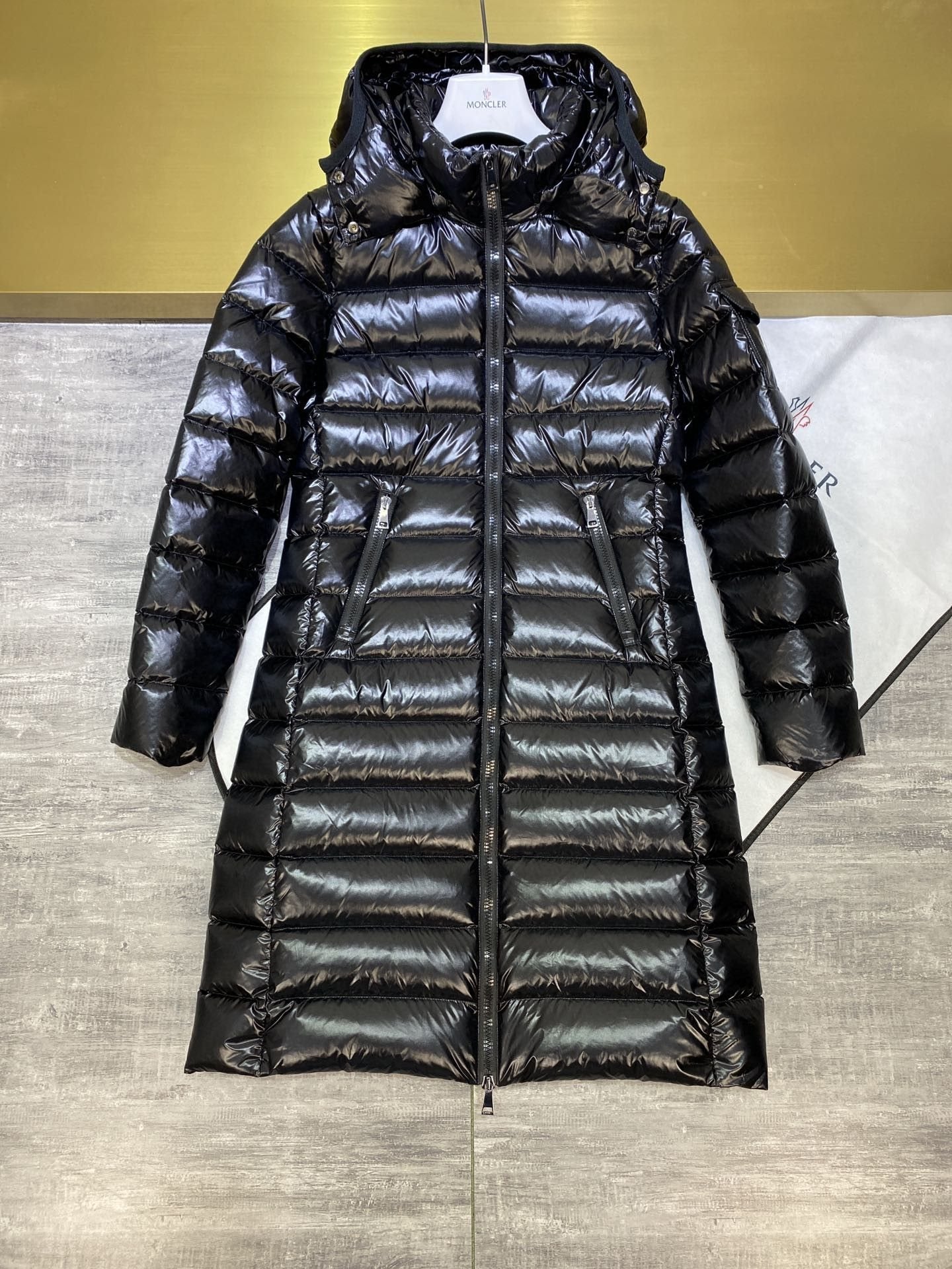 Moncler Women's Black Hooded Long Down Coat — hero