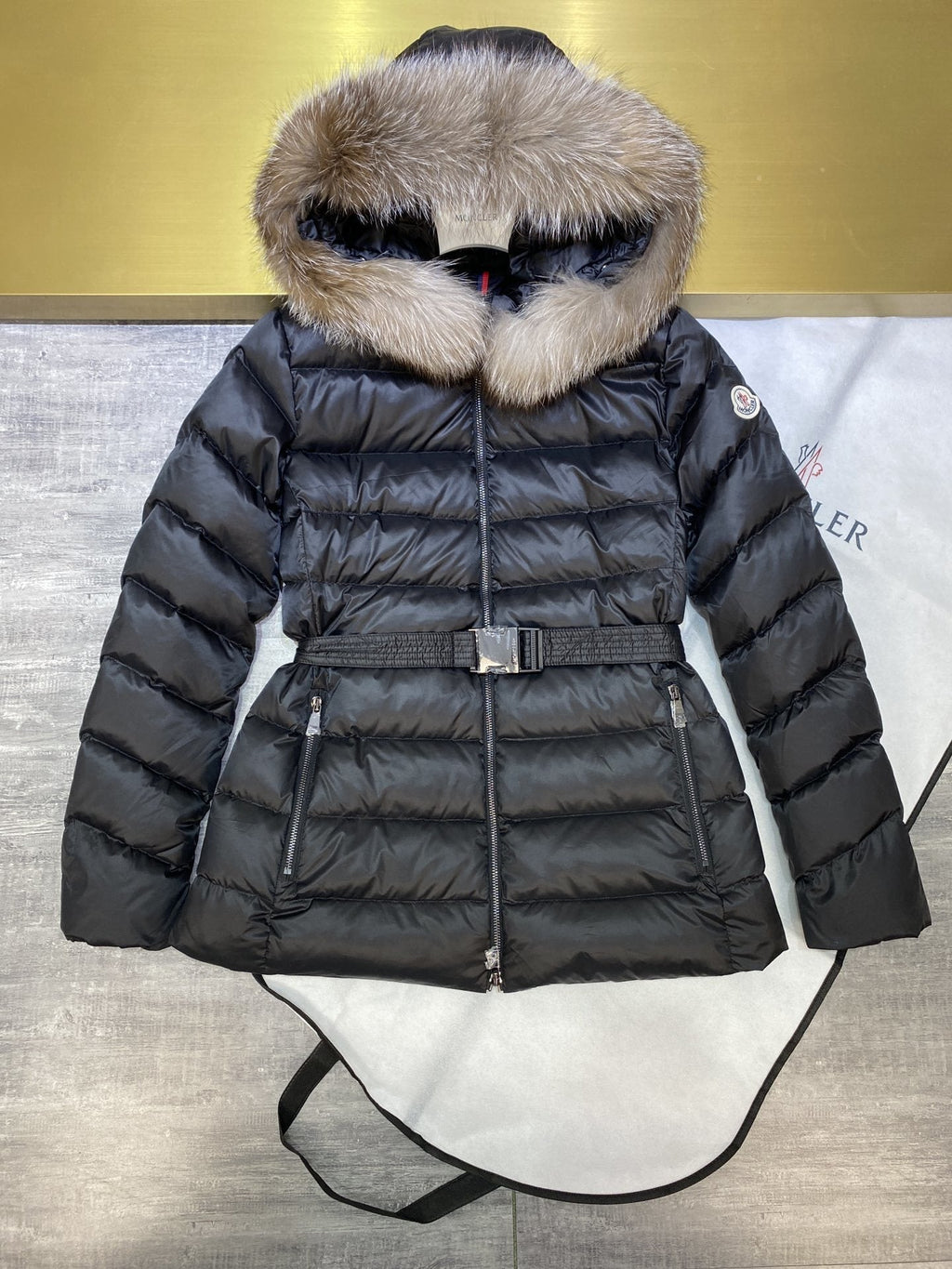 Moncler Fur-Trim Hood Belted Short Down Coat — hero