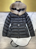 Moncler Fur-Trim Hood Belted Short Down Coat — hero