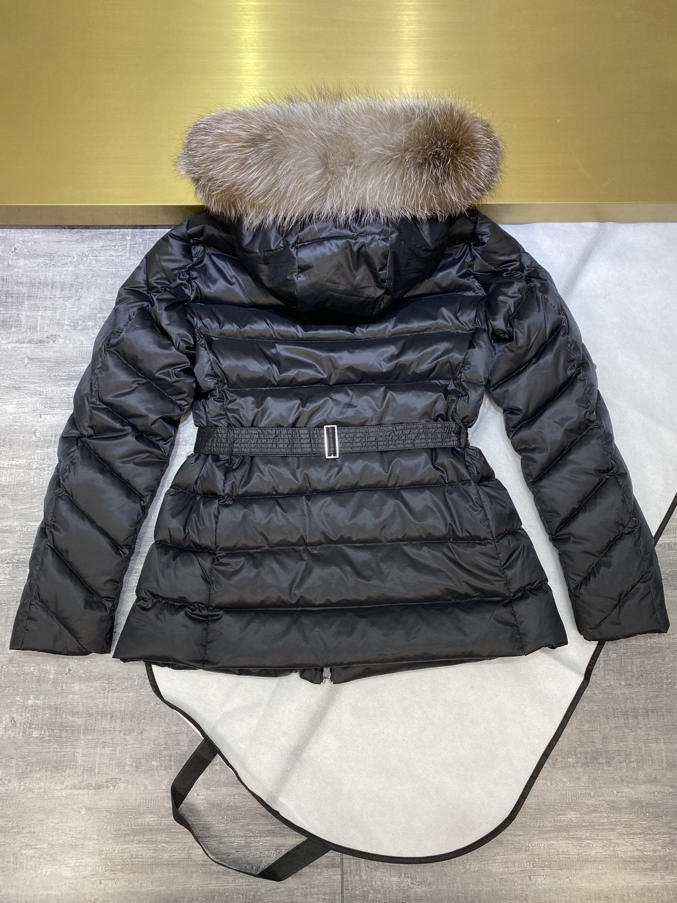Moncler Fur-Trim Hood Belted Short Down Coat — back
