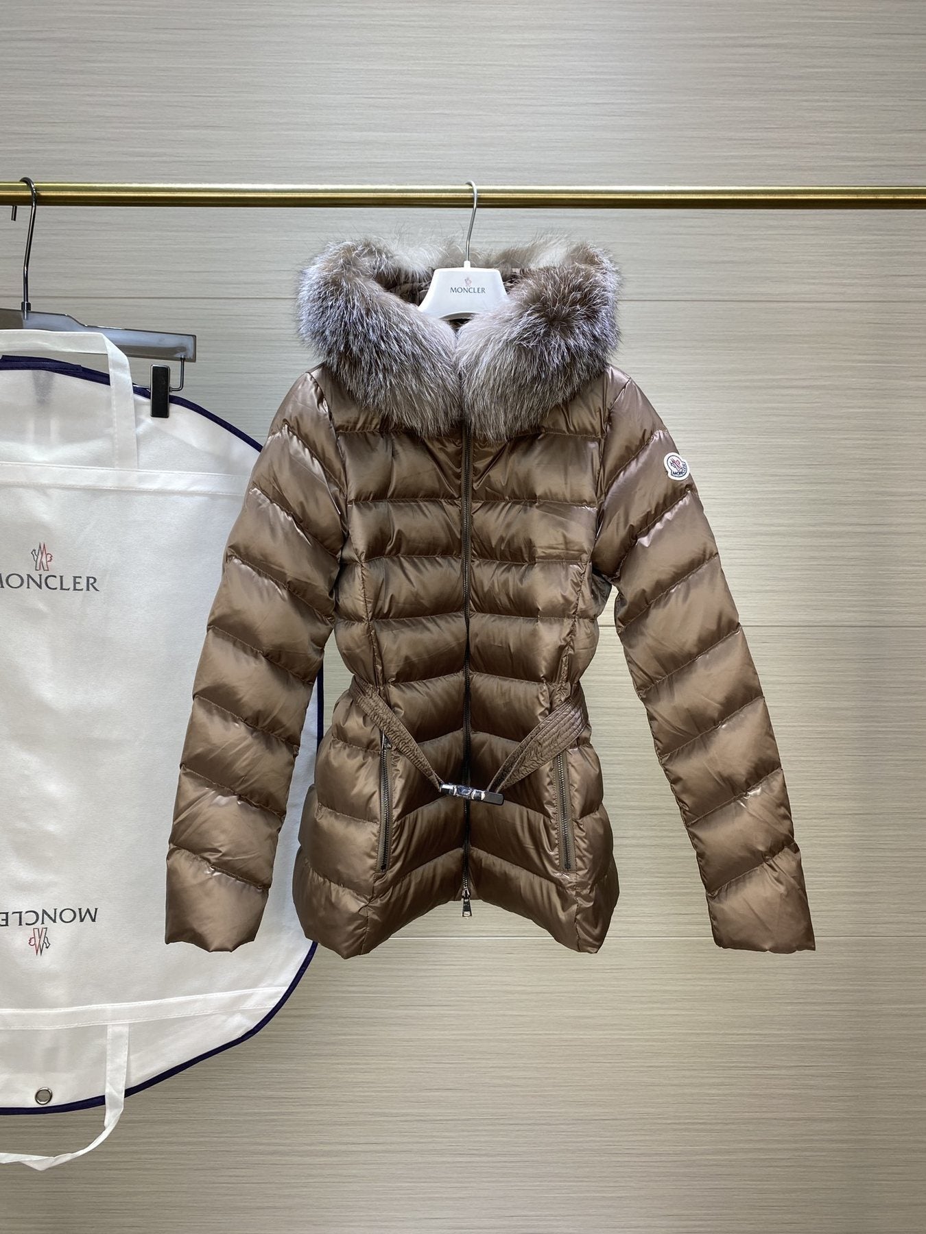 Moncler Fur-Trim Hood Belted Short Down Coat — front