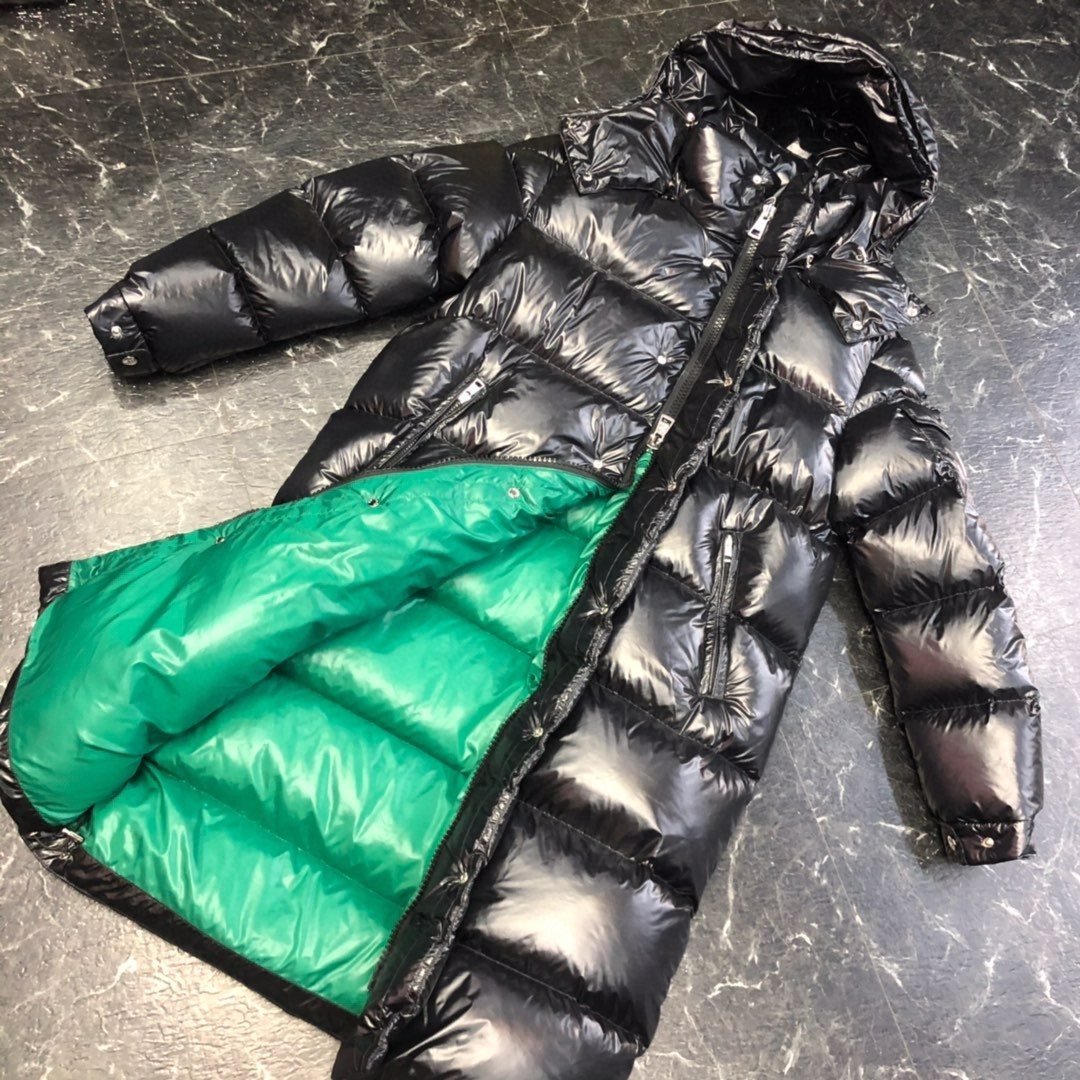 Moncler Glossy Hooded Long Down Coat — detail