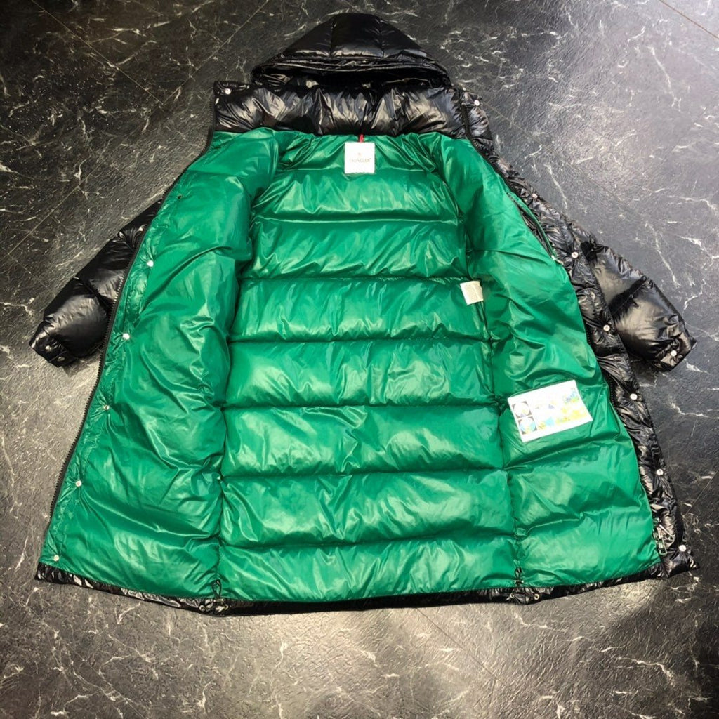 Moncler Glossy Hooded Long Down Coat — detail