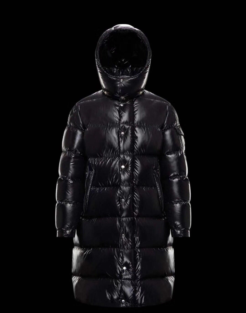Moncler Glossy Hooded Long Down Coat — hero