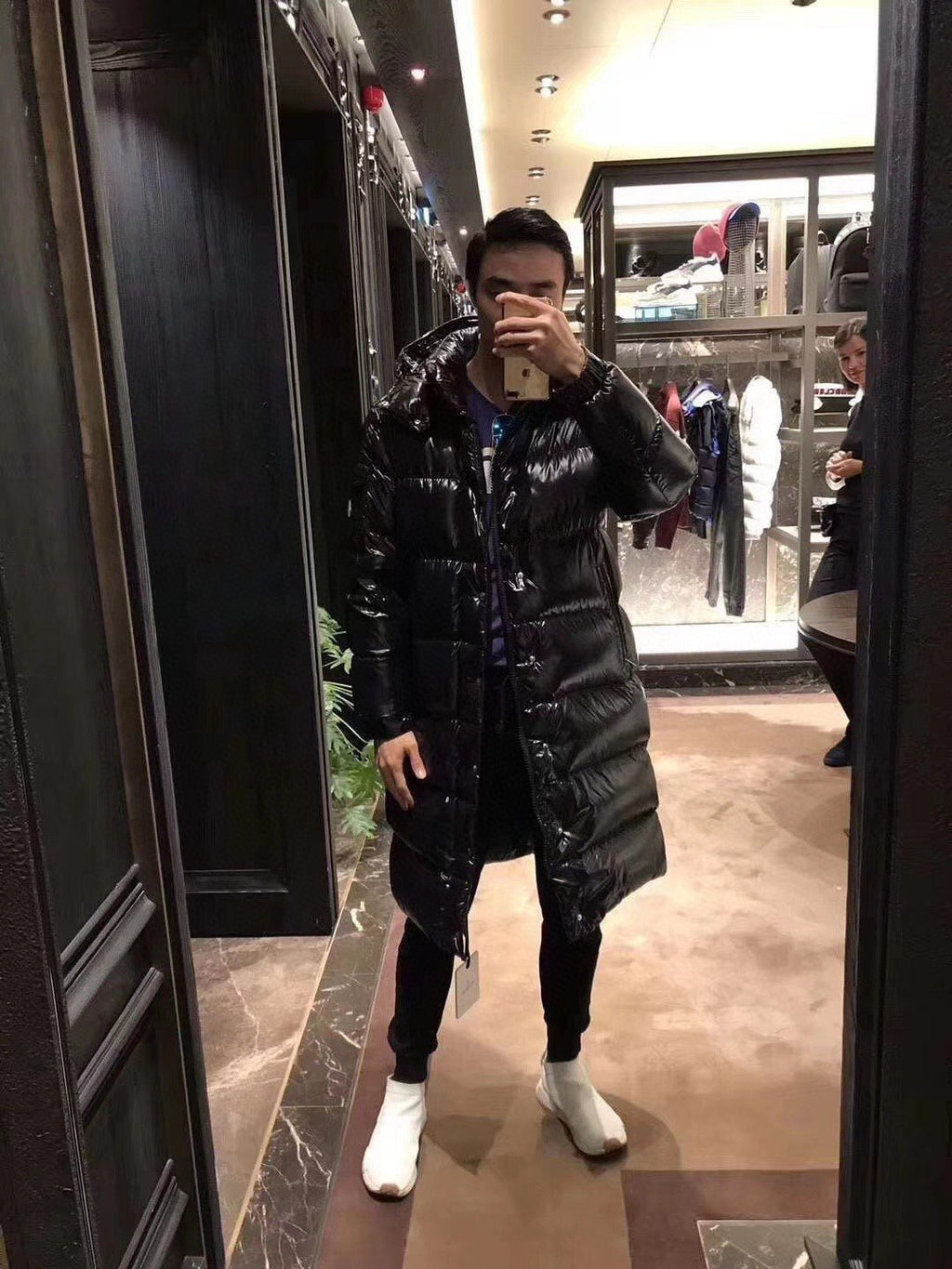 Moncler Glossy Hooded Long Down Coat — model