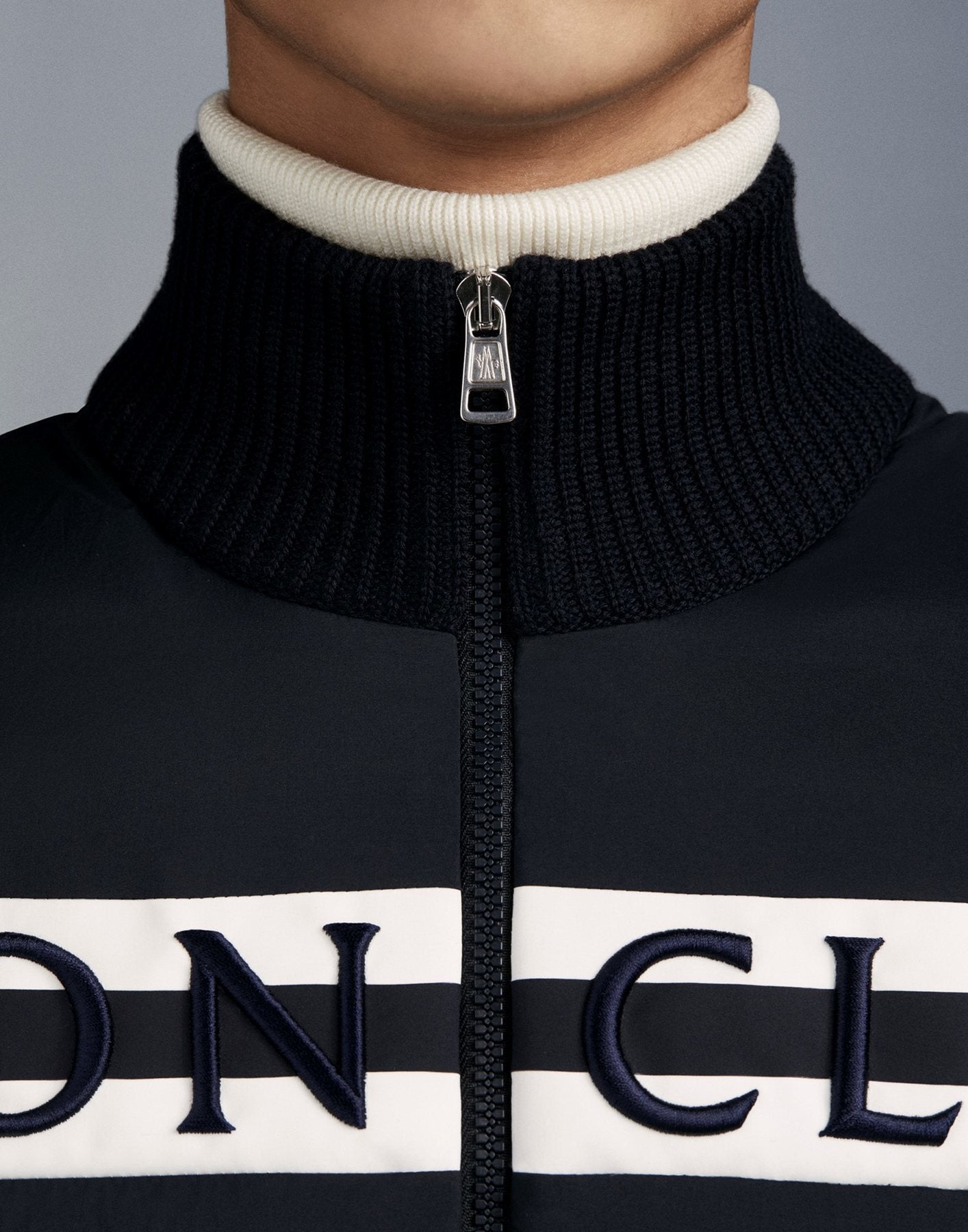 Moncler Men's Black Quilted Knit-Sleeve Down Jacket — detail