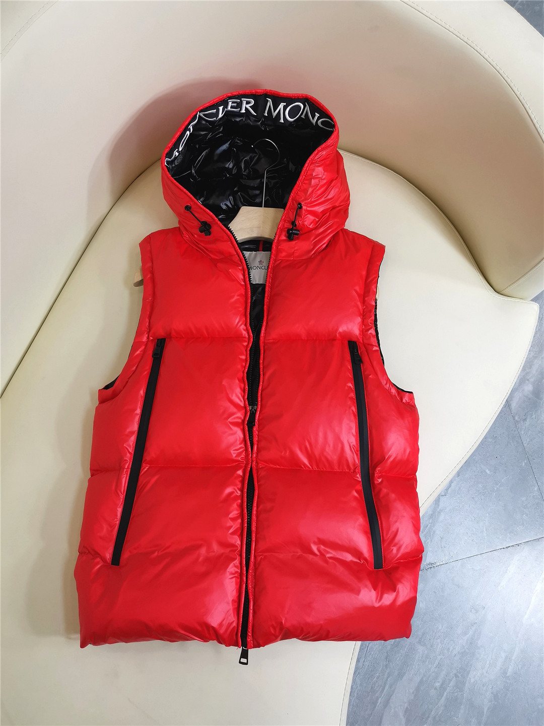 Moncler Hooded Letter-Trim Down Vest — context