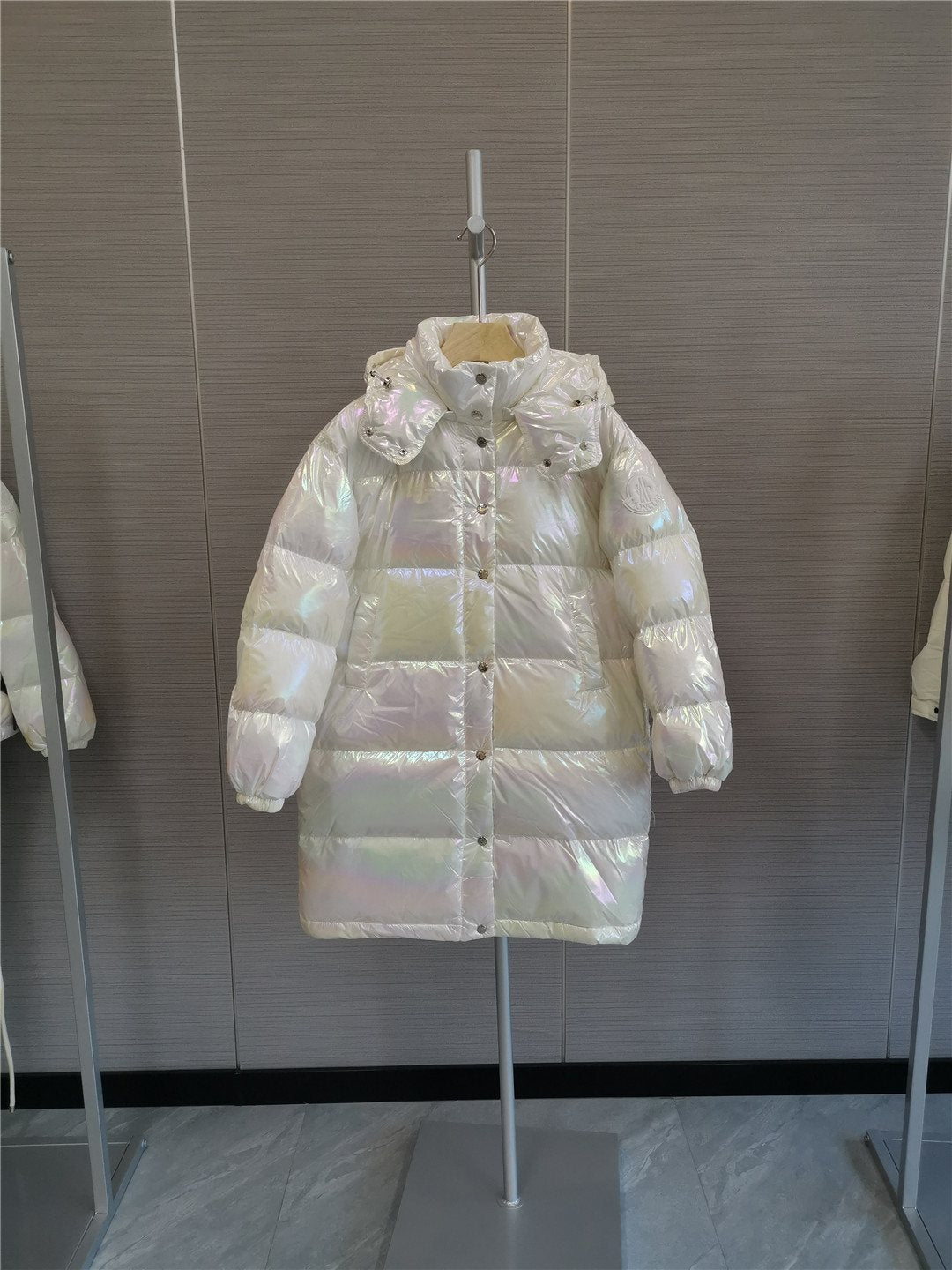 Moncler Women's Iridescent White Long Down Coat — hero