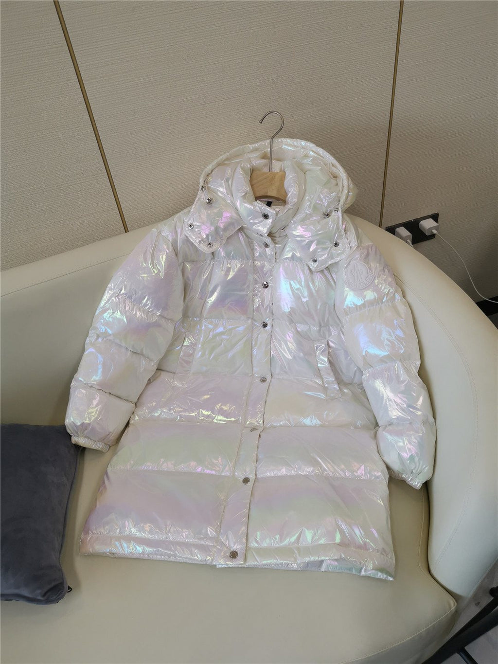 Moncler Women's Iridescent White Long Down Coat — front