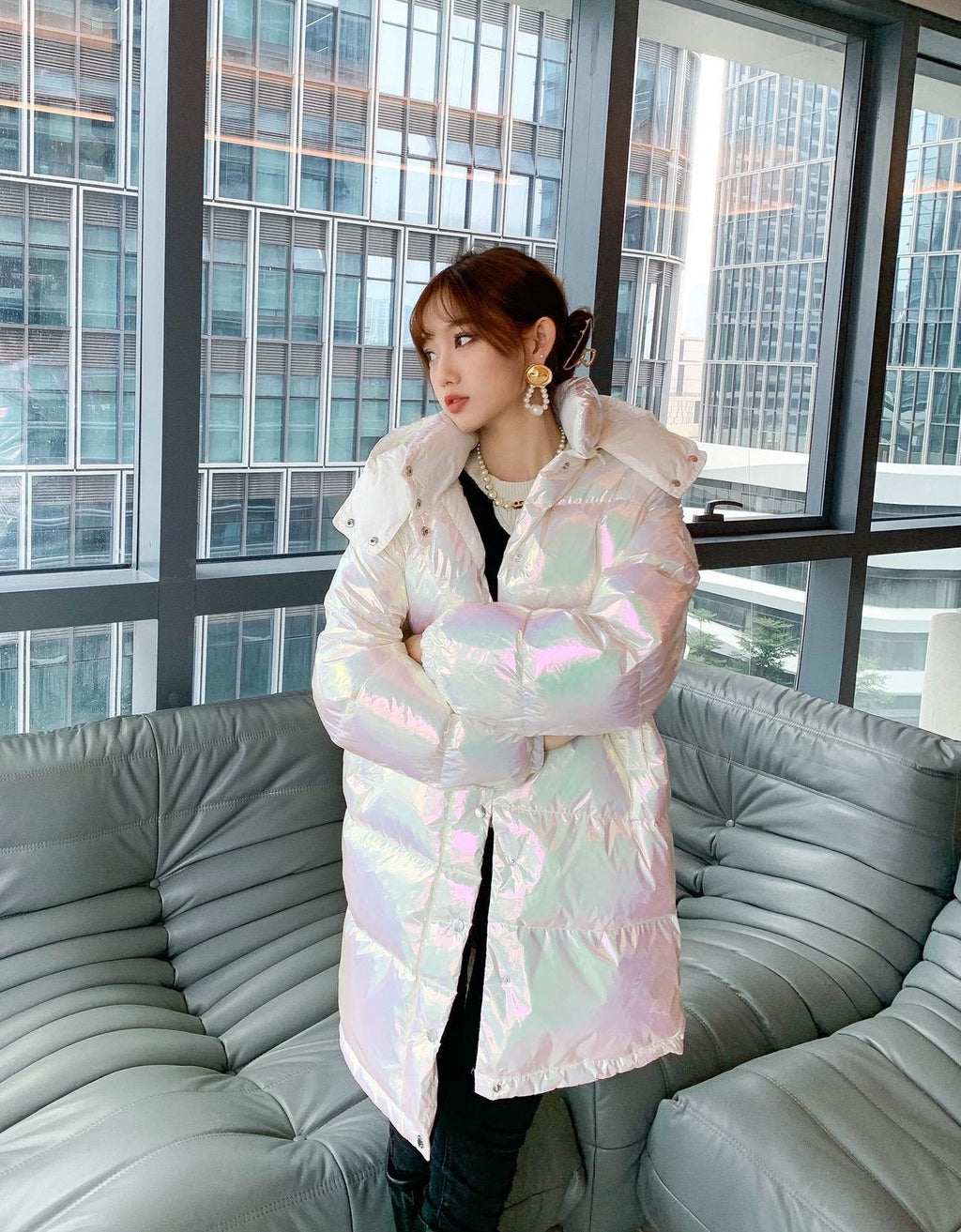 Moncler Women's Iridescent White Long Down Coat — context