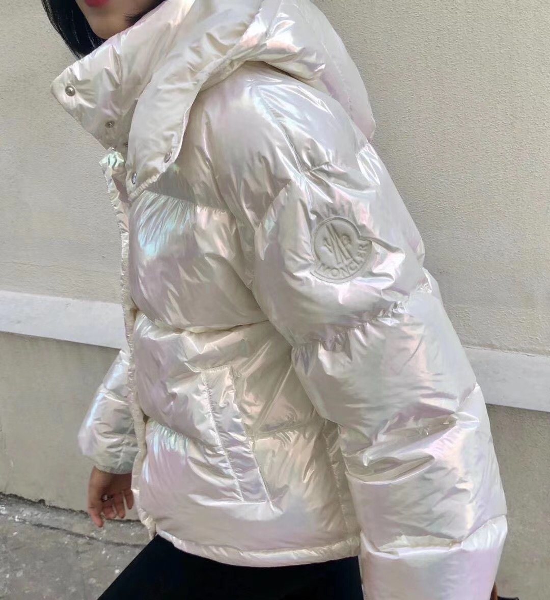Moncler Iridescent White Short Down Coat — detail