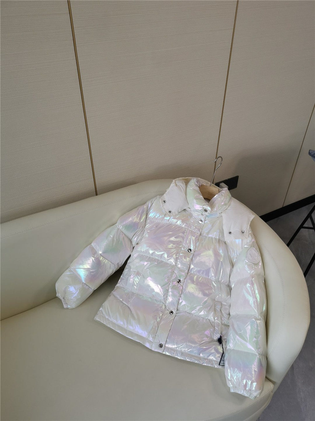 Moncler Iridescent White Short Down Coat — detail