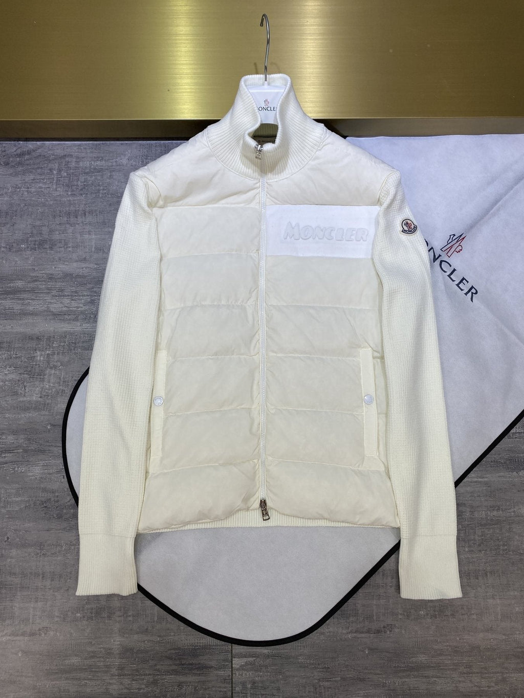 Moncler Knit-Sleeve Quilted Down Jacket — front