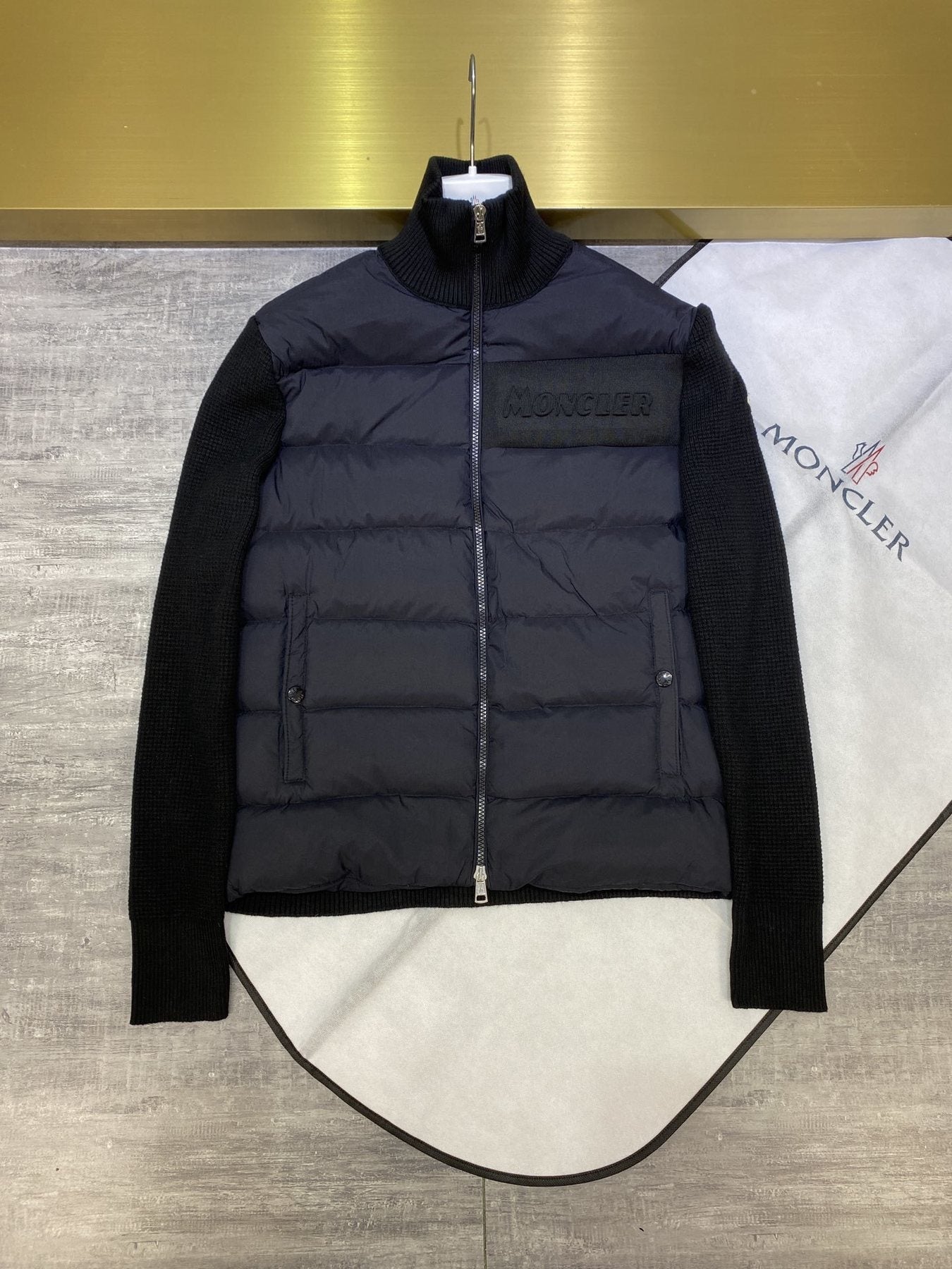 Moncler Knit-Sleeve Quilted Down Jacket — front