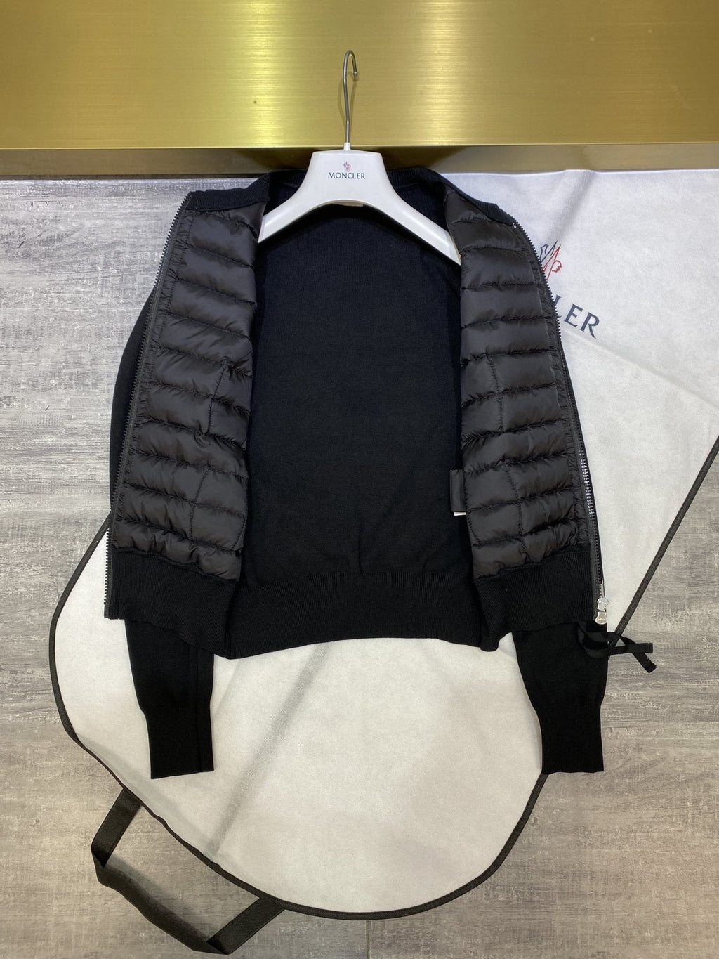 Moncler Women's Knit Sleeve Quilted Zip-Front Jacket — detail