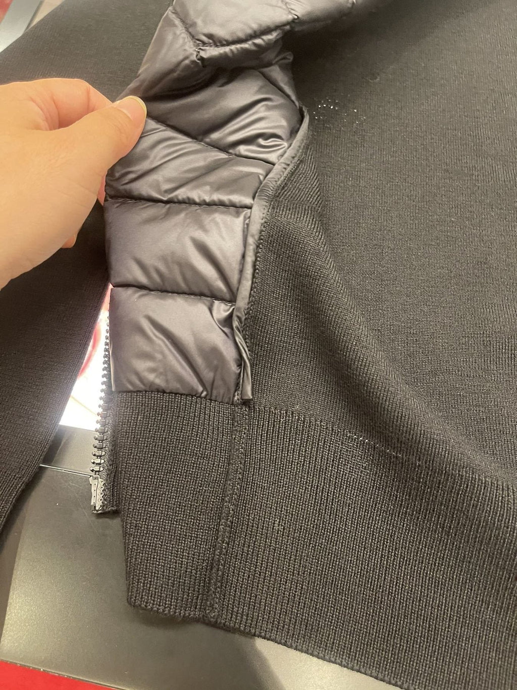 Moncler Women's Knit Sleeve Quilted Zip-Front Jacket — detail