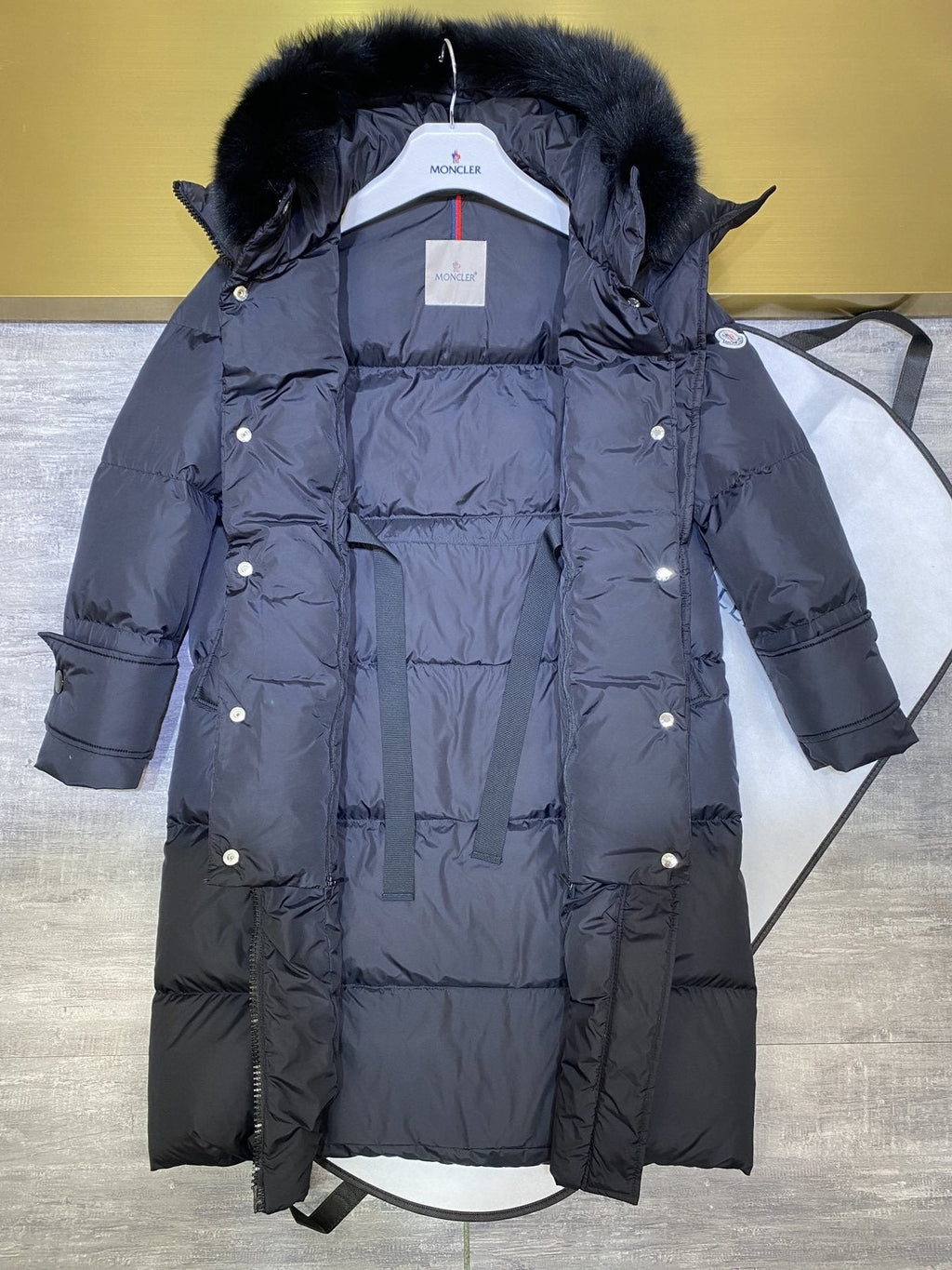 Moncler Women's Long Hooded Fur-Trim Down Coat — detail