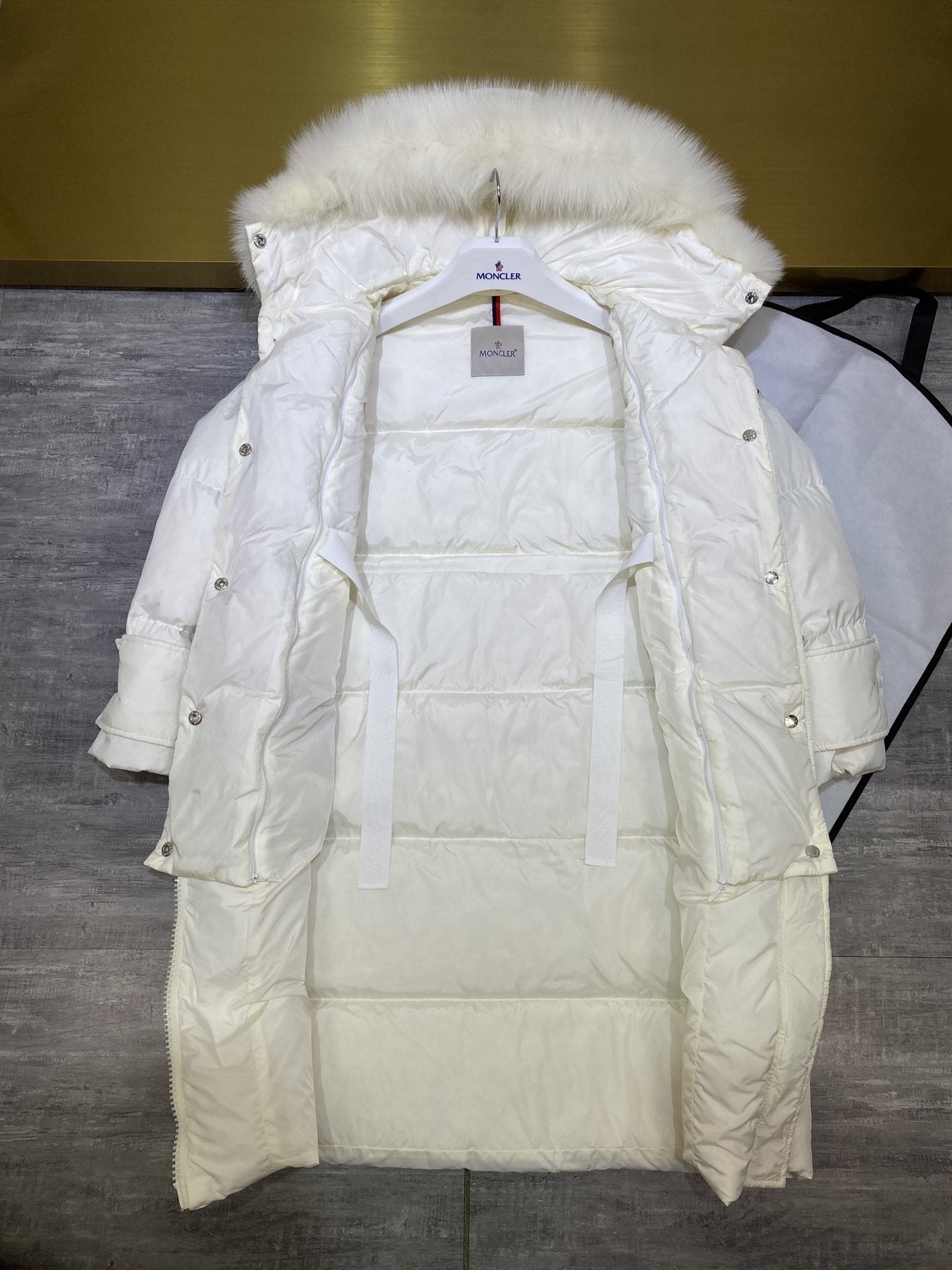 Moncler Women's Long Hooded Fur-Trim Down Coat — detail