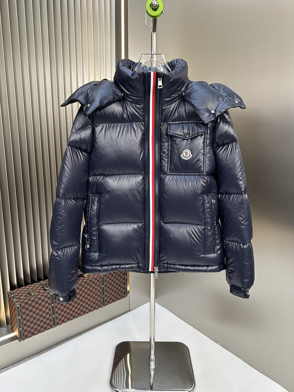 Men Moncler coat Black Hooded Puffer Jacket with Tricolor Zip Trim — hero