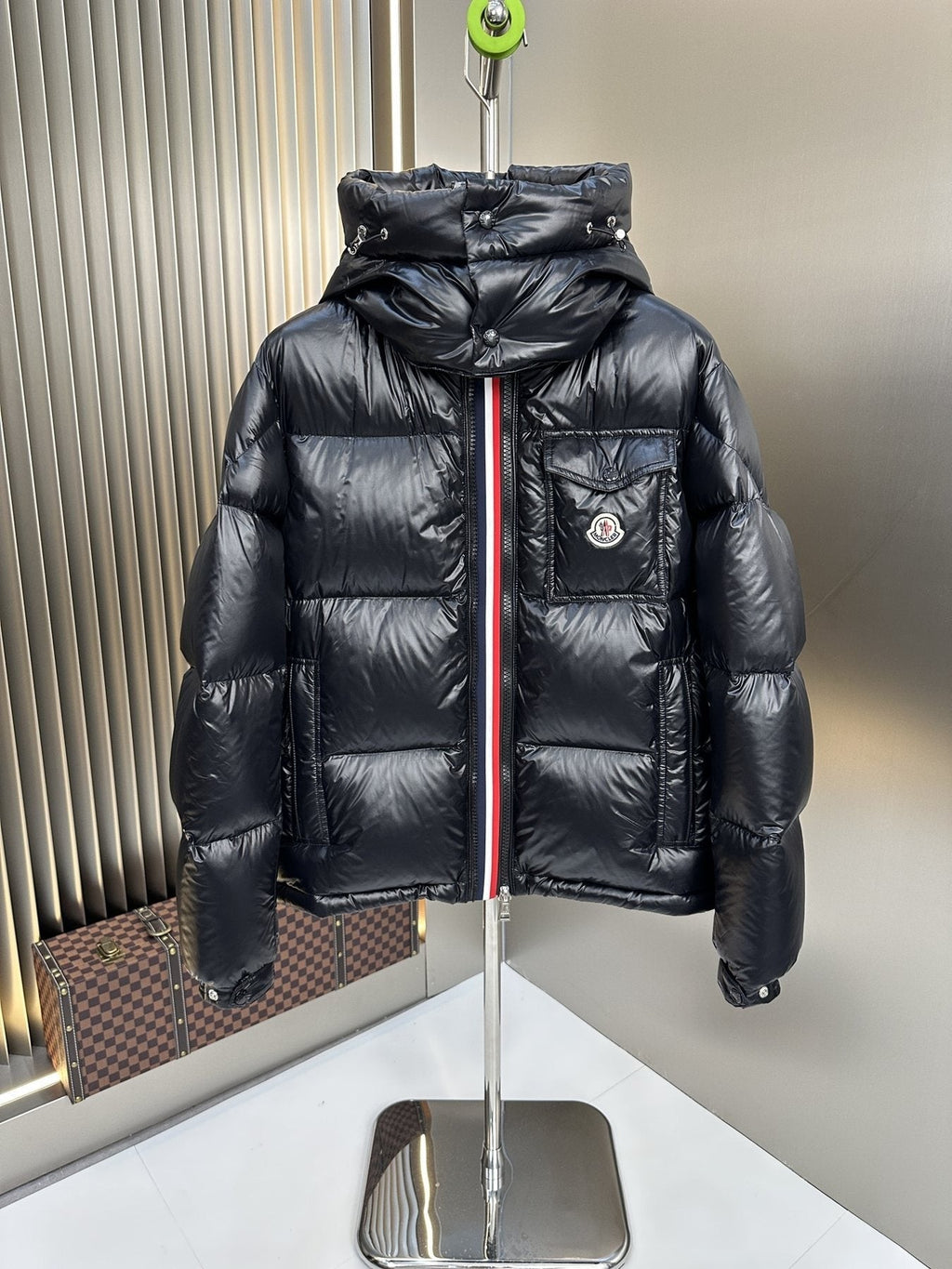 Men Moncler coat Black Hooded Puffer Jacket with Tricolor Zip Trim — front