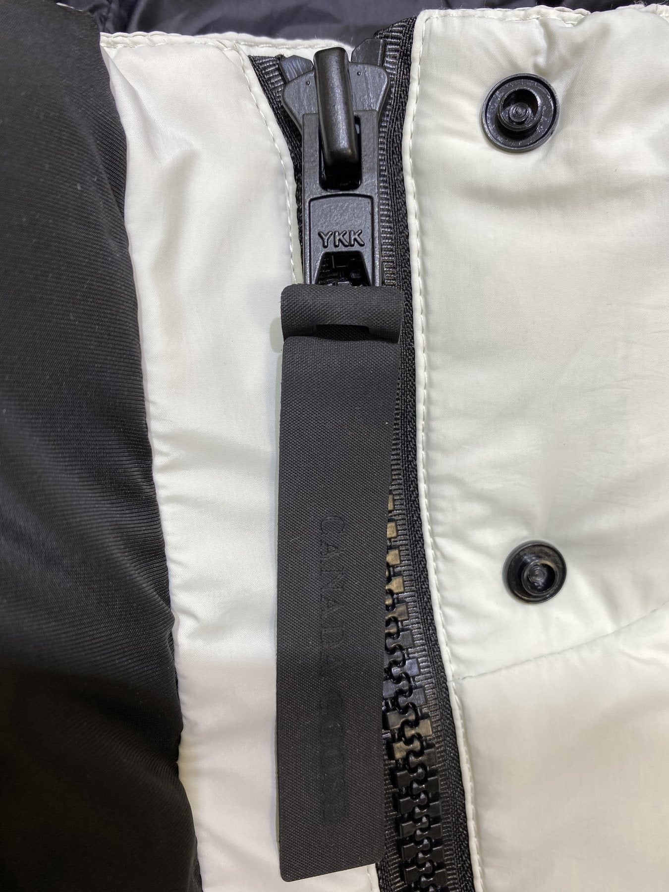 Canada Goose Light Grey Hooded Puffer Jacket — fabric_closeup