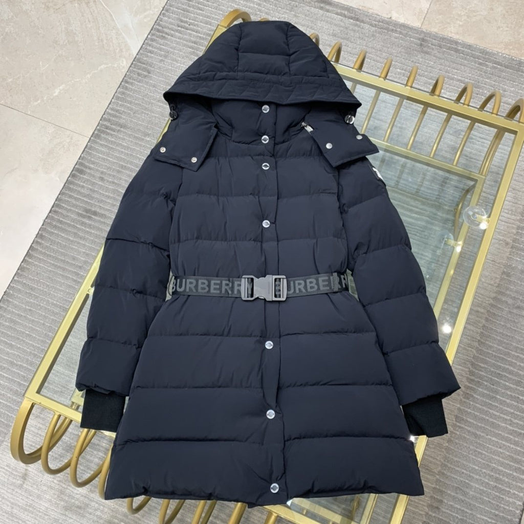 Burberry Women's Black Belted Hooded Long Down Jacket — front