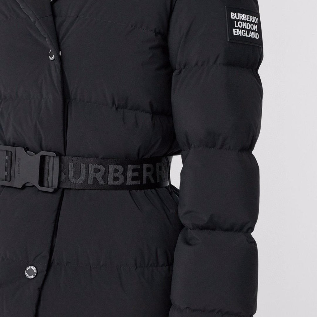 Burberry Women's Black Belted Hooded Long Down Jacket — detail