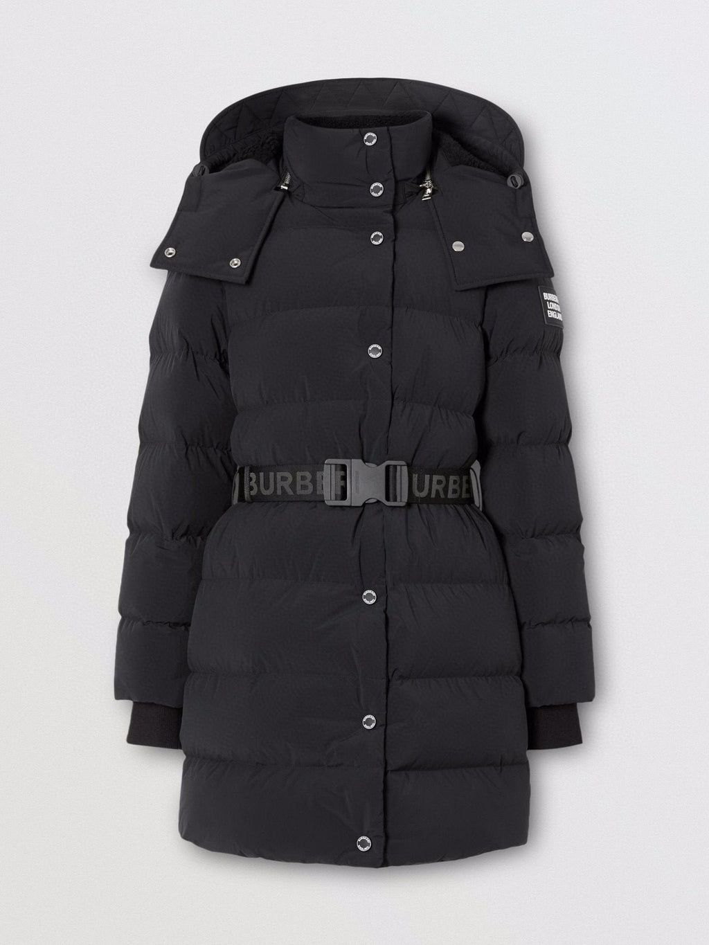 Burberry Women's Black Belted Hooded Long Down Jacket — hero