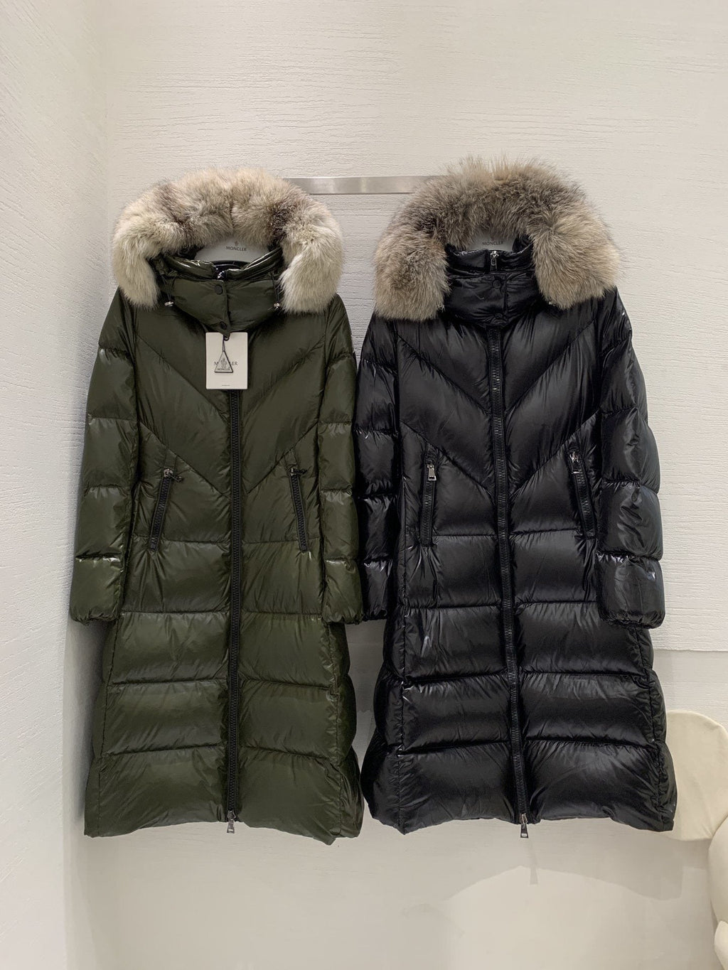 Moncler Women’s Long Down Jacket with Fur-Trim Hood — hero